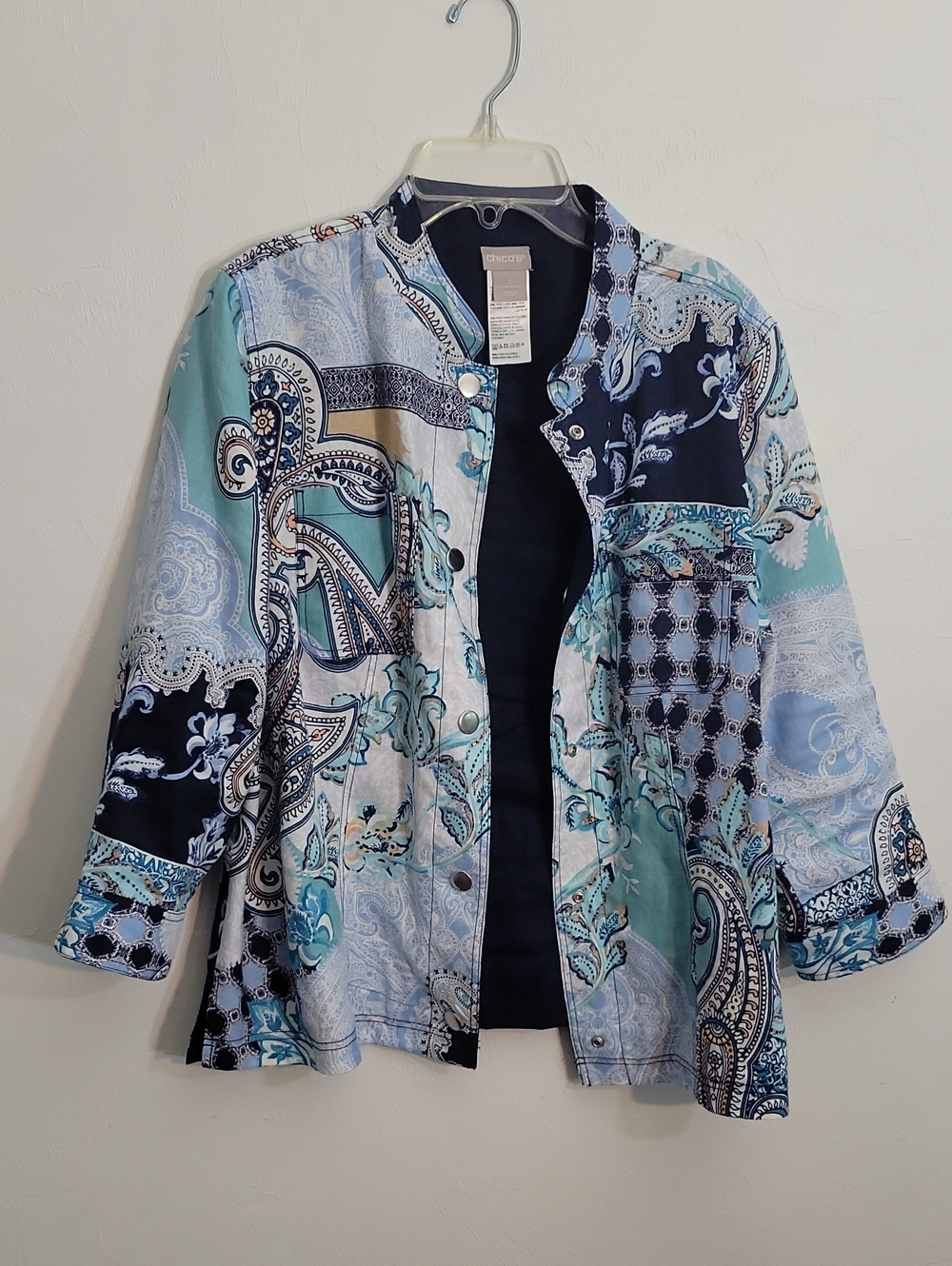 Chico's Multi-Blue Paisley-Print Quilted Bomber Jacket